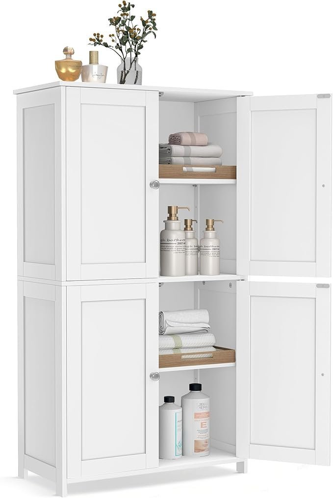 61rkqknxb3L._AC_SX679_-1.jpg VASAGLE Floor Storage Cabinet, Shaker Cabinet with 2 Adjustable Shelves, 4 Doors, Tall Freestanding Organizer Unit, for Kitchen Bathroom Living Room, Cloud White UBBC553WH01S - Image 1