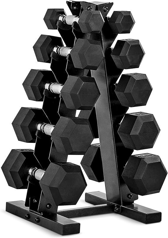 71HEqww6NtL._AC_SX569_-1.jpg CAP Barbell Rubber Coated Dumbbell Weight Set with Vertical Rack | 100 lb, 150 lb, and 210 lb Options - Image 1