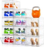 12 Pack Clear Shoe Storage Organizer with Magnetic Door,Stackable Plastic Shoe Boxes for Sneakers,Boots,and Heels,Space-Saving Foldable Shoe Rack for Closet,Durable Shoe Cabinet Organizer,White